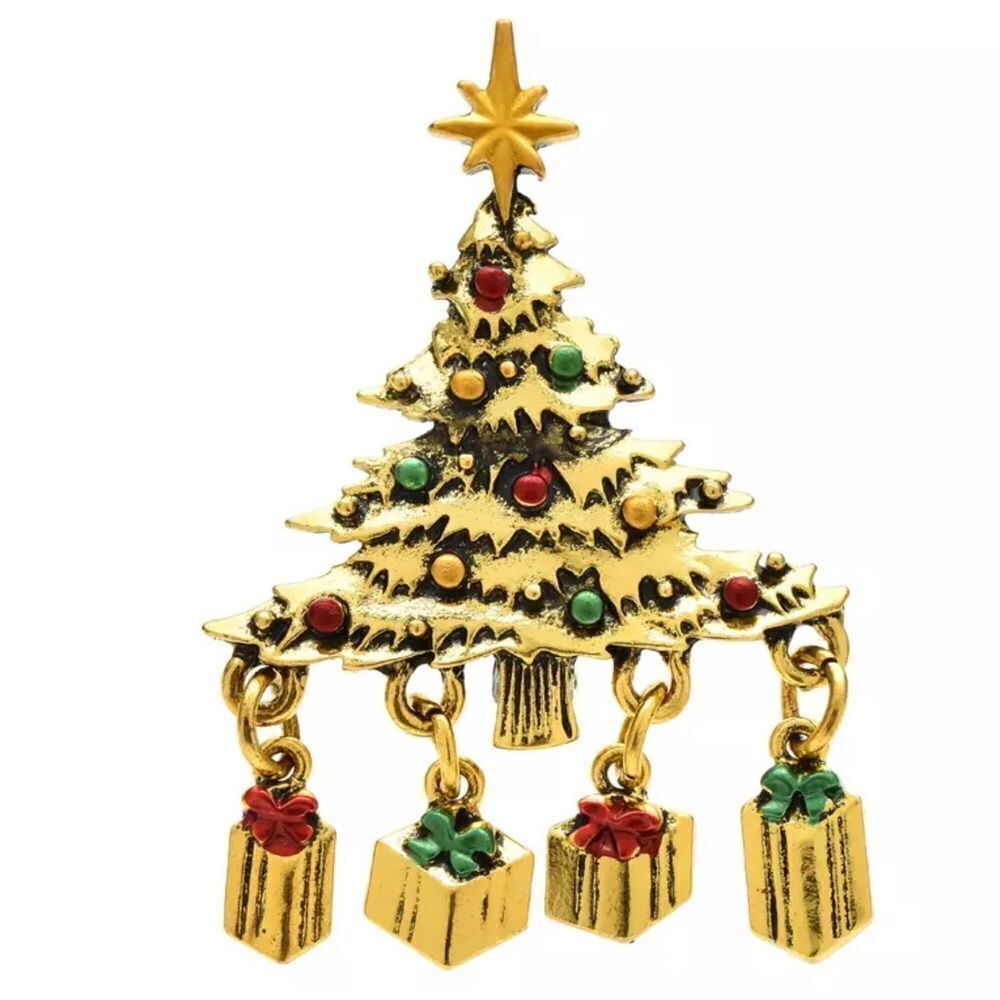 GOLDEN CHRISTMAS TREE BROOCH WITH PRESENTS UNDERNEATH‎